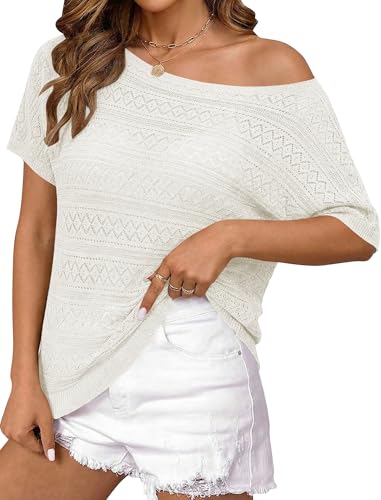 Image of Cakulo Womens Off The Shoulder Batwing Short Sleeve Crochet Tops 2026 Spring Summer Sweater Top Knit Beach Cover Up