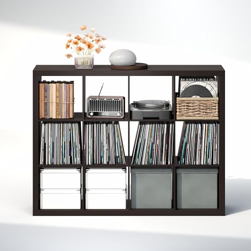 Image of Furinno Cubicle Record Player Stand, 12-Cube Record Storage, Dark Oak | Vinyl Storage, 1.68 inchInch Triple Thick, Open Back Media Shelf for CD DVD Bluray Game Disc, for Living Room, Home Office