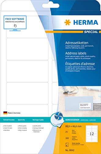 Étiquettes jet d'encre HERMA SPECIAL 88,9x46,6 mm blanches en pack de 25 feuilles