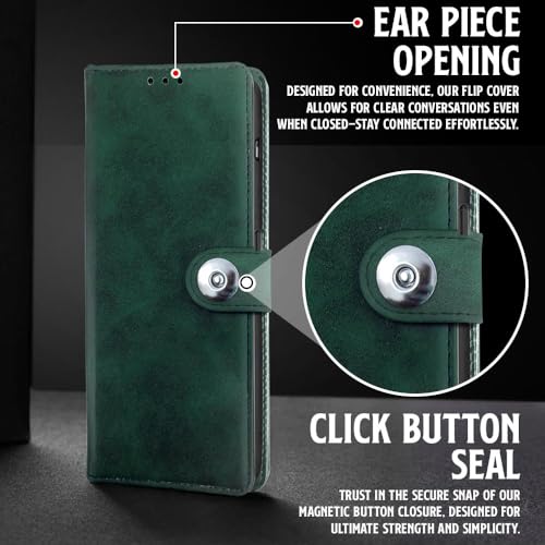 Image of WOW IMAGINE Shock Proof Flip Cover Back Case for 1+ OnePlus 11R 5G (Magnetic Button Flip Case | Wallet Pockets & Stand | Leather Finish | Forest Green)