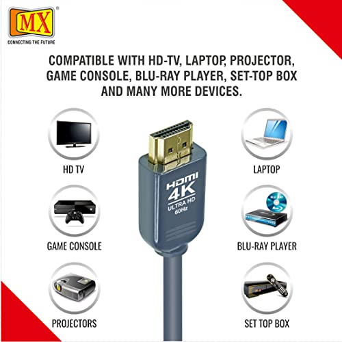 Image of MX HDMI Cable 1.5 Meter High Speed HDMI 2.0 Male to Male, 4K Ultra HD 2160p 60Hz, 3D & ARC Support, 19 Pin Gold Plated Connectors for TV Laptop PC Monitor Projector (Black)