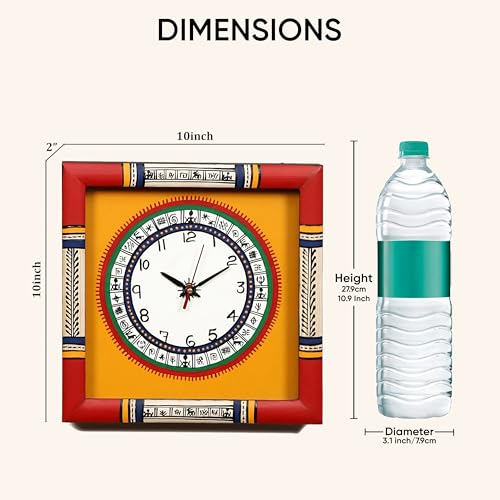 Image of AAKRITI ART CREATIONS Wall Clock Handcrafted Warli Art Dial with Glass Frame Red, Yellow | Wall Clock for Home, Home Decoration | Lightweight Wooden wall Decor | Matte Finish