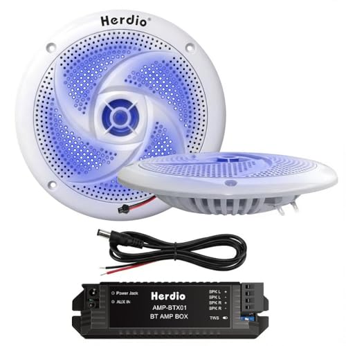 Image of Herdio 5.25 inch Bluetooth Marine Speakers, Low Profile Slim Design with LED Lights, 160W 2-Way Weather Resistant Outdoor Audio, Suitable for Boat, RV, UTV, ATV, Golf Cart (2-Pack, White)