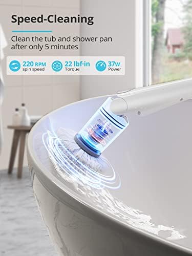 Tilswall M1 Electric Spin Scrubber 220 Rpm Cordless Power Shower Cleaner with Tool-free Adjustable Extension Arm and 4 Replaceable Cleaning Brush Heads for Tile, Kitchen, Floor