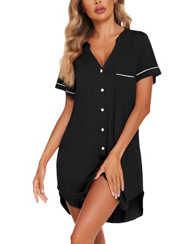 Ekouaer Nightgowns for Women Button Down Night Gowns Short Sleeve Sleep Shirt V Neck Nightshirt Soft Sleepwear Pajams Dress2