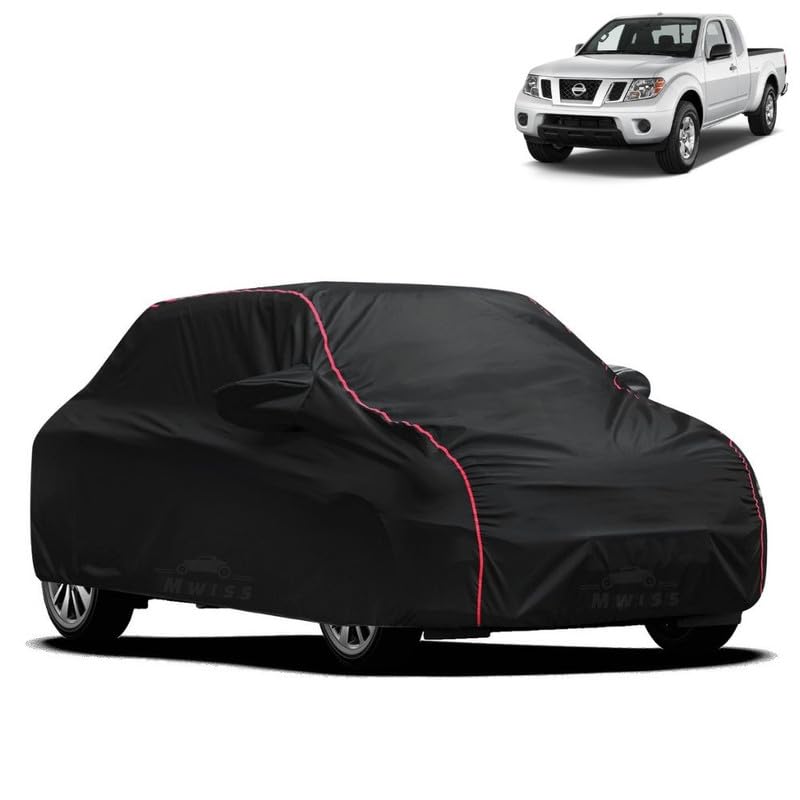 Image of Waterproof Car Cover for Nissan Frontier | All-Weather Protection, Dustproof & UV Resistant | Triple Stitched Mirror Pockets, Windproof Buckle Strap with Elastic Hem, Black-Red Piping