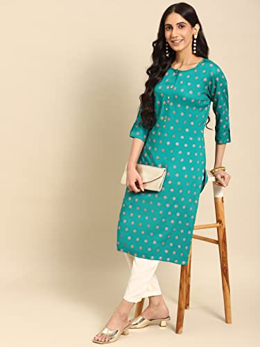 Image of rangita Turquoise Rayon Calf Length Printed A-line Kurti for Women | Kurta for Women