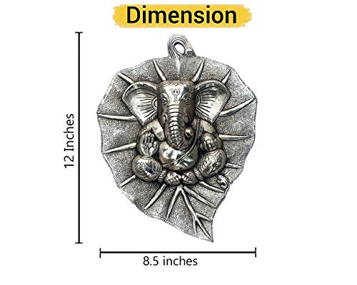 Image of Collectible India Ganesha Wall Hanging Plate Ganesh on Leaf Metal - Silver Plated Ganesh Wall Art Sculpture - Ganesh Idol Ganpati Lucky Feng Shui Wall Decor Arts (Size 12 x 8.5 Inches)