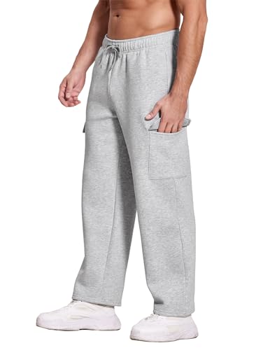 Deyeek Men's Fleece Cargo Sweatpants Baggy Mens Sweat Pants Open Bottom Cotton Sweatpants for Men Lounge Pants with Pockets4