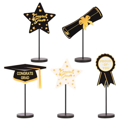 2026 Graduation Decorations 5Pcs Black Gold White Wooden Table Centerpieces Decor Include Grad Cap Diploma Star Supplies Medal Sign of Congrats Graduation Day Class Party Decoration.