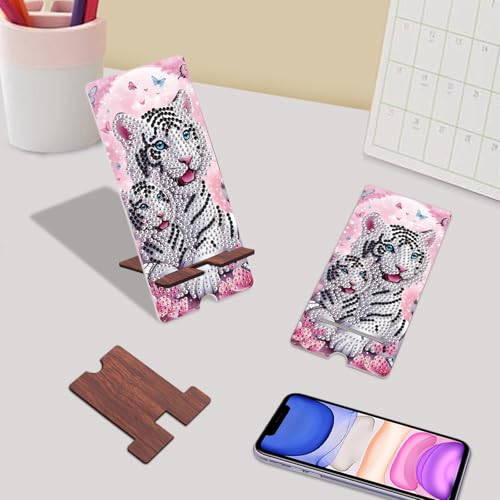 Image of White Tiger Diamond Painting Phone Stand with Mirror, DIY Wooden 2-in-1 Decorative Diamond Art Desktop Holder, Crystal Diamond Gem Painting Craft Kit Gift for Beginners Adults