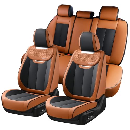 Image of Coverado Car Seat Covers Full Set, Breathable Nappa Leather Seat Covers for Cars, Automotive Seat Covers, Waterproof Front and Back Car Seat Protector Universal Fit Most Cars(Brown&Black)