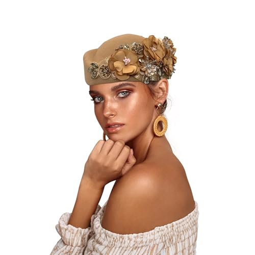 Beret Hats for Women British Felt hat Women's Church Derby Headdress Women's Floral hat Suitable for Wedding Parties Events (Khaki)