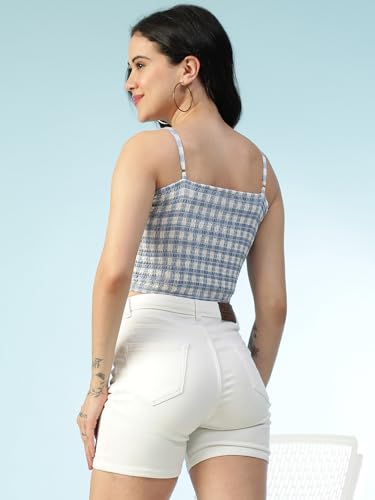 Image of oxolloxo Women Satin Chiffon Print V-Neck Smocked Shoulder Strap Sleeveless Tie-Up Detail Crop Top