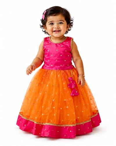 Image of Girls Designer Lehenga Choli Set Orange Rani Pink Readymade Pattu Pavadai Style Traditional Ethnic Dress for Baby Girls Kids Festive Wedding 3Months-8 Years