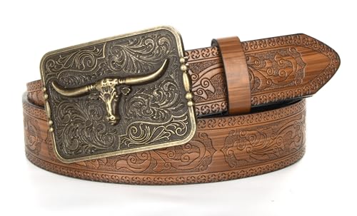 Men Women Brown Cow-Head Buckle Western Cowboy Belt Floral Carved PU Leather Cowgirl Belt - Vintage Longhorn Waist Belt3