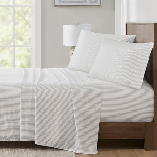 Image of Madison Park 100% Cotton Sheets, Queen Size, 200TC, Grey Stripe, 4 Piece