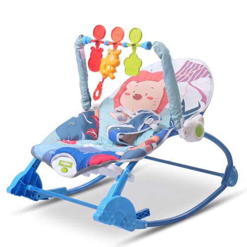 Image of Baybee 2 in 1 Baby Rocker & Bouncer, 3-Position Recline, Soothing Music, Removable Hanging Toys, Soft Cushioned Seat & Safety Harness, Rocking Chair for Newborn 0-3 Years (Blue)
