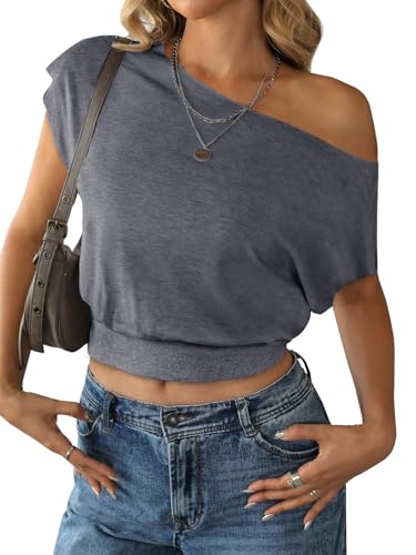 Image of SOFIA'S CHOICE Women's Off The Shoulder T Shirt Crop Top Casual Summer Dolman Sleeve Asymmetrical Cinched Waist Tops