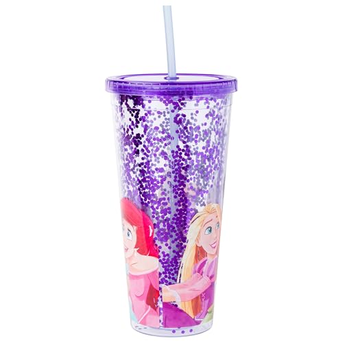 Image of Silver Buffalo Disney Princesses, Plastic Cold Cup, 32oz | Ariel, Cinderella, Tiana, Rapunzel and Jasmine, Confetti, Lid and Straw, 0.95 Liters