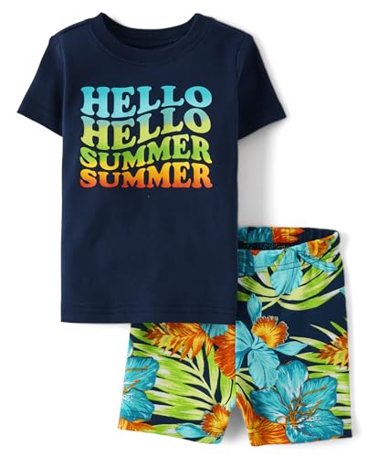 The Children's Place Baby Boys' and Toddler Sleeve Top and Shorts Snug Fit 100% Cotton 2 Piece Pajama Set