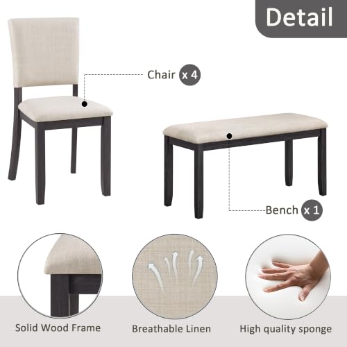 Image of LUMISOL 6 Piece Farmhouse Dining Table Set, Solid Wood Dining Table with 4 Upholstered Chairs and Bench, U-Shaped Base Kitchen Set for Dining Room, Kitchen, Antique Black + Beige