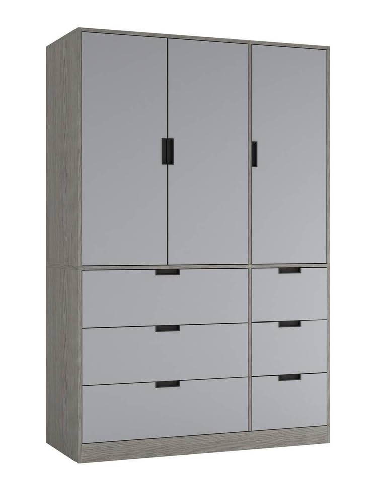 URBNLIVING 3-Door Wardrobe with 6 Drawers – Customisable Two-Tone Storage Unit - Cedar Grey Unit & Grey Doors & Drawers
