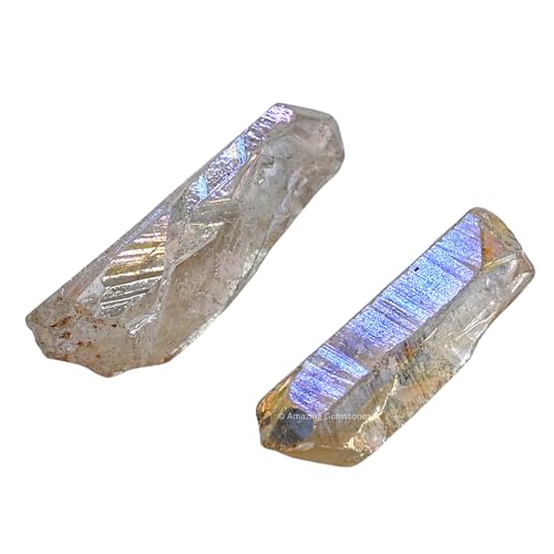 Image of Amazing Gemstone 2 Pieces Angel Aura Quartz Raw Pencil Points Crystals and Healing Stones, Natural Rocks for Meditation and DIY Raw Point Stones and Crystals
