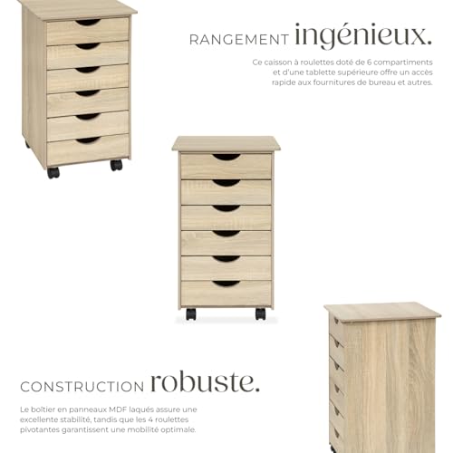 Caisson bureau 6 tiroirs chêne à roulettes TecTake