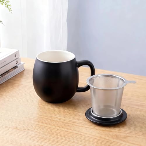 Image of Yundu 12 OZ Matte Black Ceramics Teacup with Infuser and Lid, Mug with Lid for Steeping - Stainless Steel Infuser for Loose Leaf Tea, Home Office Gift for Tea Lovers