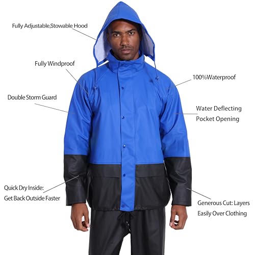 Image of Men's Workwear 3-Piece Waterproof PU Rain Suit Set | Hooded Jacket & Bib Pants, Sealed Seams, Storm Flap, Adjustable Suspenders, Flap Pockets, Outdoor Work, Fishing, Farming