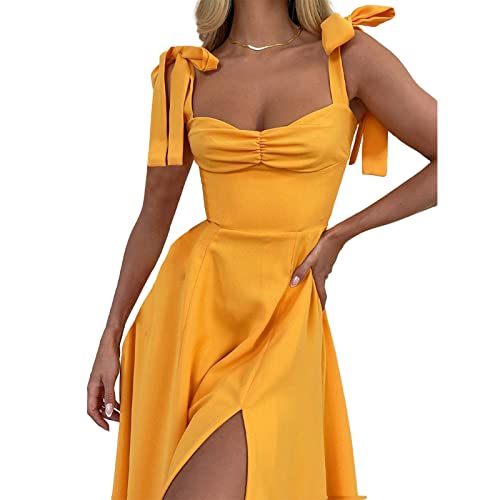 Redtreie Sexy rückenfrei Träger Fliege Maxikleid schick Frauen elegant geteilt Midi Sommerkleider Sommer Urlaub Club Party Nachtkleid Vestido, gelb, Small Cover