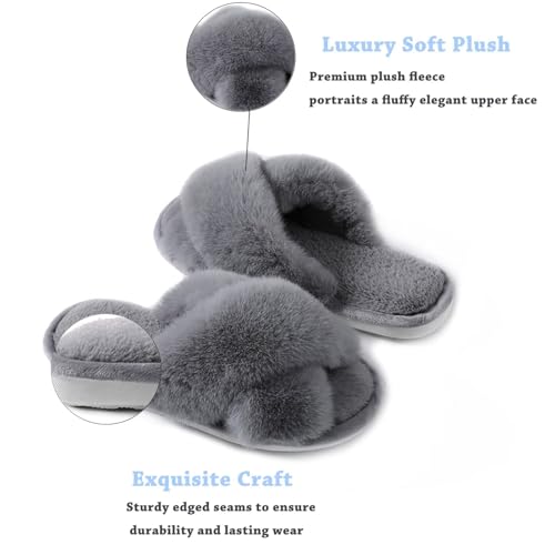 Women's Fluffy Slippers Cross Band Bedroom Slippers with Memory Foam Fuzzy House Open Toe Shoes Comfy Indoor Outdoor Anti-Skid Sole3