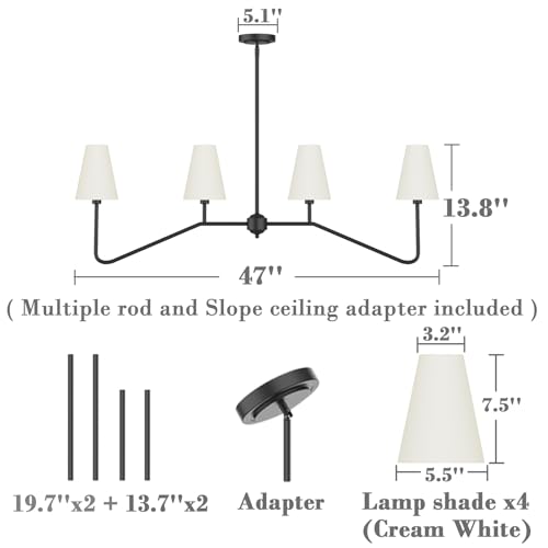 Size  47 Color Black Electro bp;47 W 4-Light Linear Kitchen Island Lighting Fixture Classic Chandeliers Matt Black with White Linen Shades for Dining Room,E12,160W;