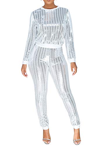 Womens Sexy 2 Piece Outfit Top and Skinny Legging Jogging Set Slim Fit Tracksuit Party White XL