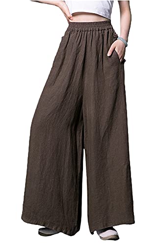 chouyatou Women's Baggy Elastic Waist Chinese Frog Button Wide Leg Linen Pants