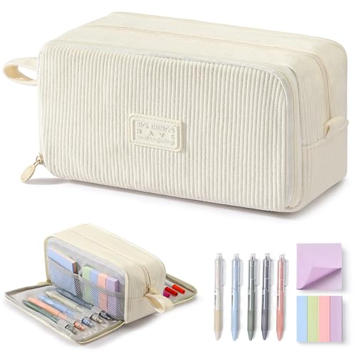 COZCLAM Federmäppchen Cord-Stoff 3 Fächer Große Kapazität Mäppchen mit Stiften & Haftnotizen Pencil Cases Schulmäppchen mit Reißverschluss Schreibwarenbeutel für Schule Büro Teenager Mädchen(Beige)