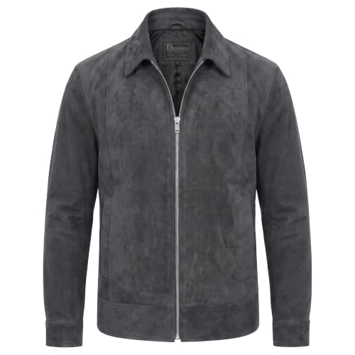 Image of Mens Polo Collar Zipper Suede Shirts Long Sleeve Shacket Suede Trucker Jacket Real Suede Leather Shirt