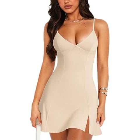Y2k deep v Neck Mini Graduation Dress Women Summer Sexy cami 2000s Bodycon a line Trendy Going Out Rave Cocktail Fairy Elegant Wedding Guest Short Sun Dress Slit Club Outfits 2024 S Beige Cover