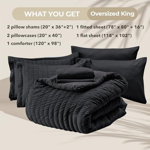 Image of HYMOKEGE Black Oversized King Comforter Set Seersucker 7 Pieces, All Season Luxury Bed in a Bag for Bedroom, Bedding Set with Comforter, Sheets, Pillowcases & Shams