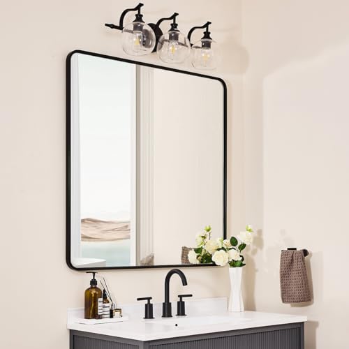 Image of ANDY STAR 36X36 Inch Square Black Bathroom Mirror, Matte Black Vanity Mirrors for Wall, Rounded Square Mirror for Bathroom, Seamless Tube Metal Frame, 1'' Deep Wall Mounted Vertical /Horizontal
