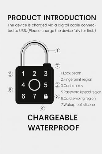 Image of JASIFS Smart Lock Fingerprint & Password Padlock | 5-Way Unlock | Lock for Gym, Office, Home, Luggage, Gate - Waterproof & Long Battery Life