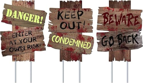 Halloween Decorations Outdoor Beware Yard Signs Stakes Creepy Assorted Warning Sign, Scary Zombie Theme Party Decor Supplies, Halloween Party Decorations, 3 Pieces, 12