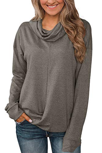 Cowl Neck Sweatshirt for Women Long Sleeve Basic Casual Twisted Loose Fit Cotton Tops Coffee L