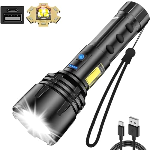 Gearmatte Super Bright Flashlight High Lumen,XHP70 Powered Flashlights Rechargeable with Battery,COB Working Light,7Modes,Zoomable Powerful LED Tactical for Emergencies,Outdoor Camping