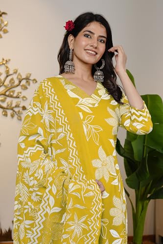 Image of MIRCHI FASHION Women's Straight Fit Pure Cotton Jaipuri Floral Printed Sequins Thread Work Kurta Set with Dupatta and Trouser
