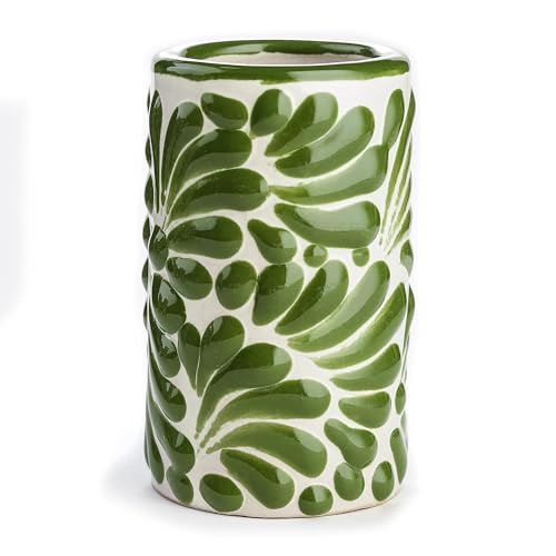 Image of Talavera Shot Glasses Set of 4 Authentic Hand-Painted Mexican Tequila Shot Glasses Glass - 2 Oz (Green Brushstroke White Background)