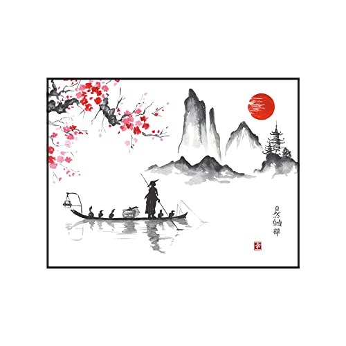 Tableau mural bateau pagode idéogrammes poster paysage japonais décor impressions d'art aquarelles à assortir pour décor 30x40 DIN A3 sans cadre (1-variante-5-jappo_bateau-et-pagode)