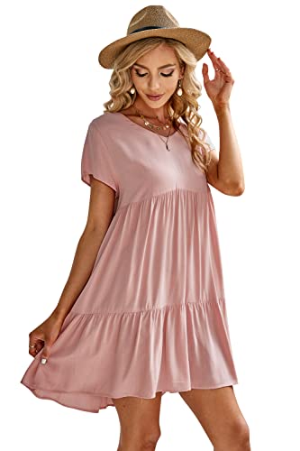 Image of Fangetey Women's V-Neck Tunic Dresses Short Sleeve Button Down Loose Casual Summer Short Flowy Swing Dress Pink Medium
