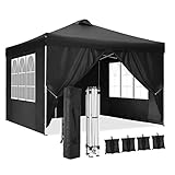 Pavillon 3x3 Wasserdicht Stabil Winterfest Pop up Faltpavillon mit 4 Seitenteilen und 4 Sandsäcke, Faltbar Gartenzelt Partyzelt Gartenpvillon mit Entlüftung, UV-Schutz 50+, TOOLUCK/Schwarz